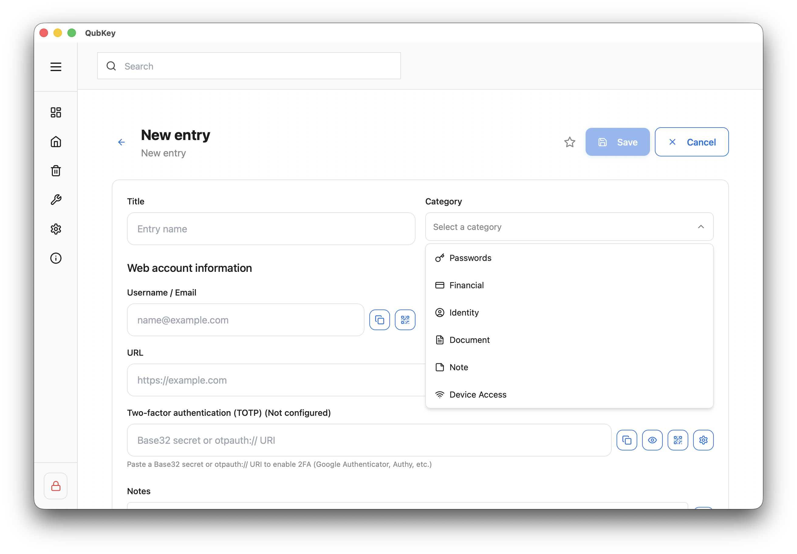 Entry category selector