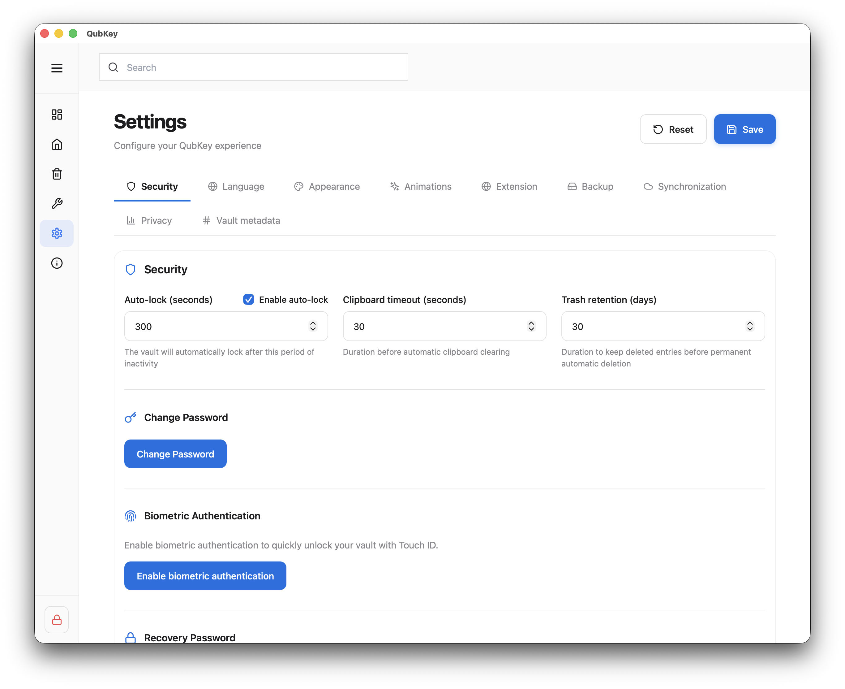 Security settings — biometrics section