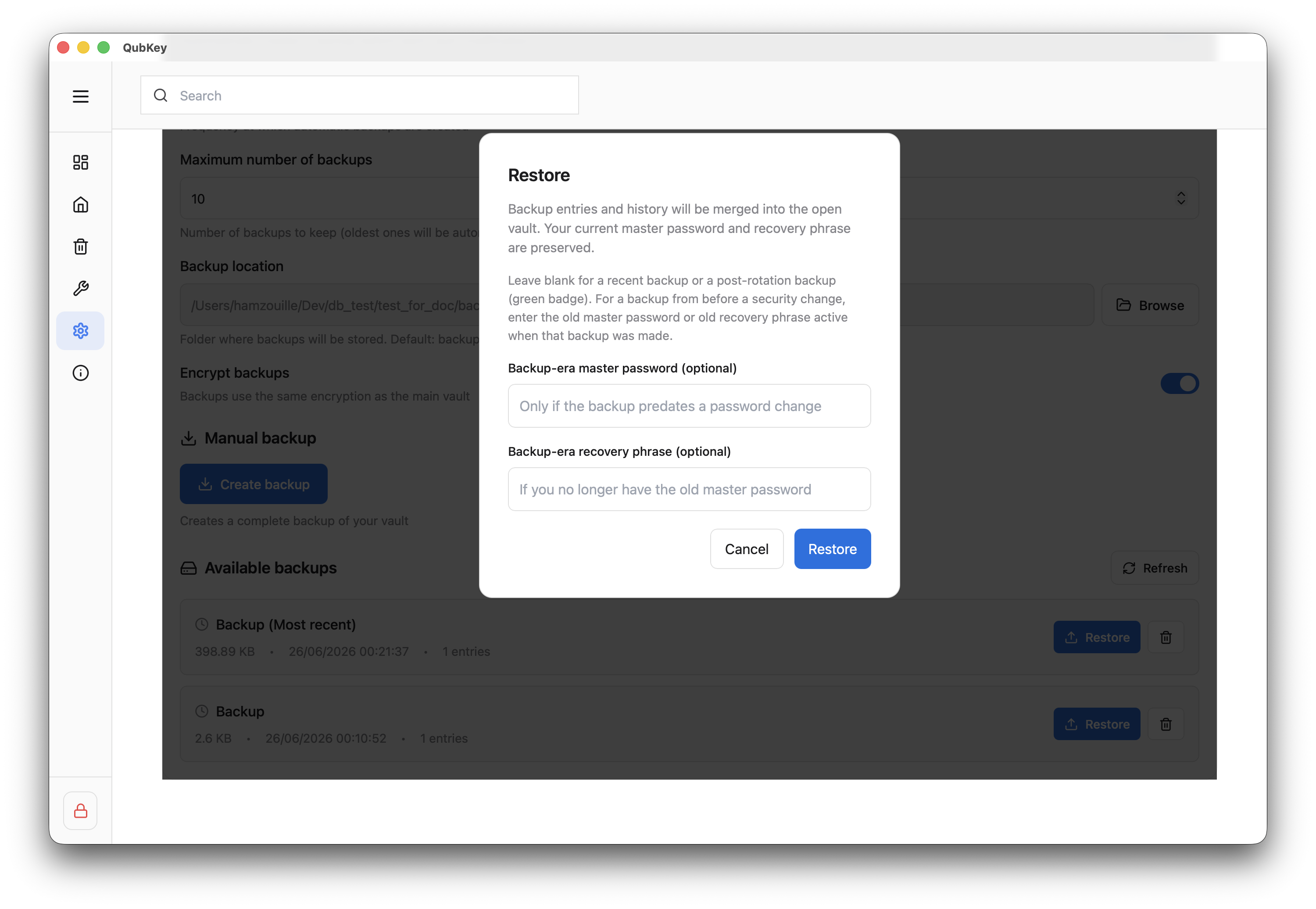 Backup list with Restore